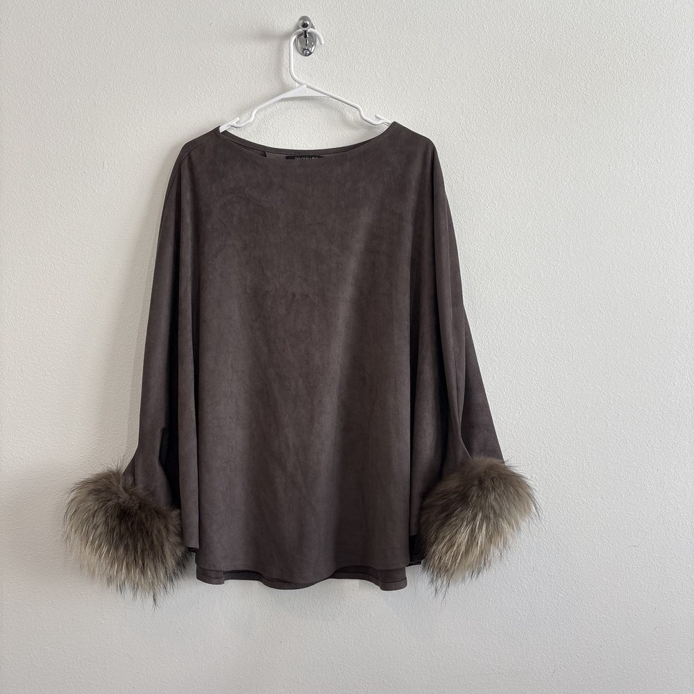 Dolce Cabo Pullover Faux Suede Poncho Raccoon Fur Sleeves Office Mob Wife S/M